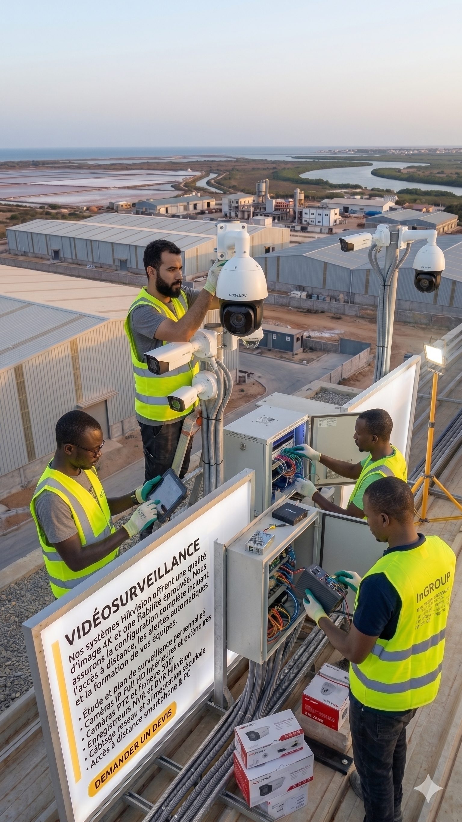 Installation de caméras PTZ Hikvision sur site industriel — surveillance périmétrique extérieure