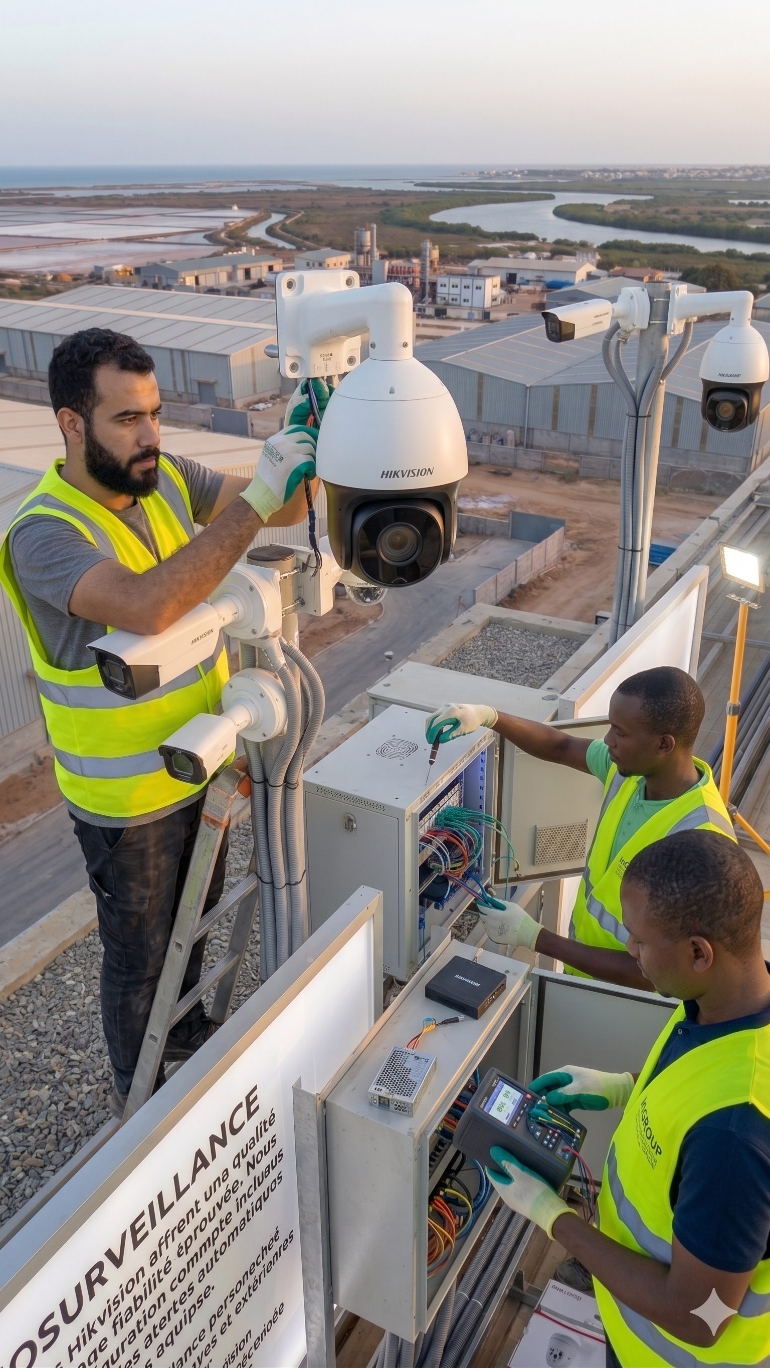 Pose de caméras dôme et PTZ en hauteur — couverture 360° site de production, Sénégal