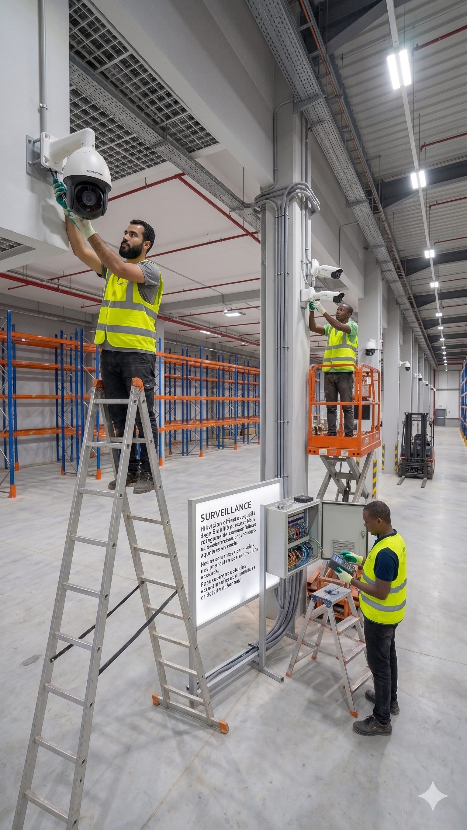Installation caméras intérieures en entrepôt — câblage réseau et alimentation sécurisée